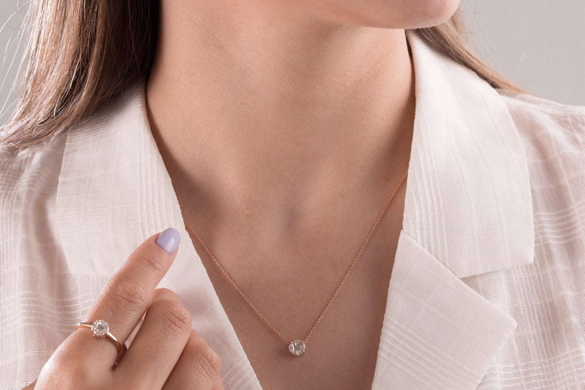 woman wearing Floating Diamond Necklace