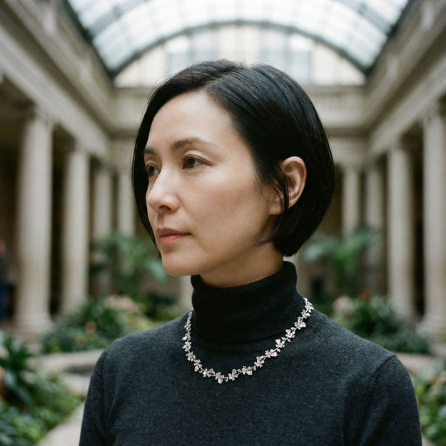 Woman wearing a black turtleneck and necklace in an indoor setting with columns and plants.