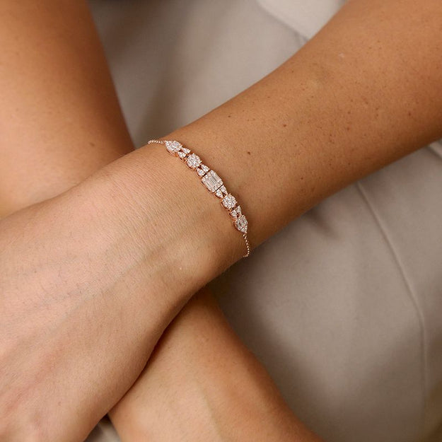 Baguette & Round Diamond Chain Bracelet 18K 14K rose gold sparkling VS Clarity