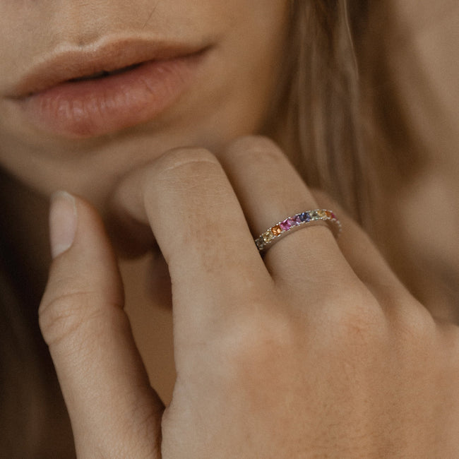 Princess Cut Multi Sapphire Eternity Band - 18K Gold