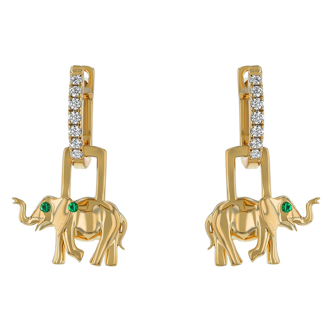 Diamond Huggies with Emerald Elephant - 18K Gold | VS Clarity Natural Diamonds