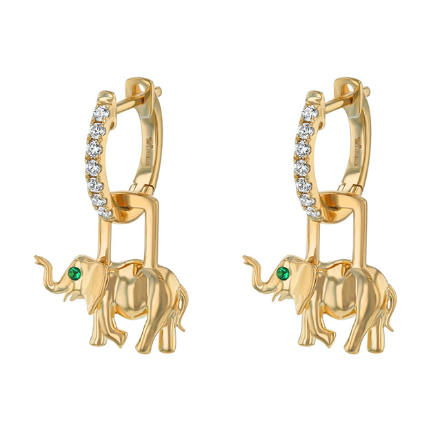 Lab Grown Diamond Huggies with Emerald Elephant Sparkle Fashion Statement VS Clarity sparkling diamonds 14K 18K Gold