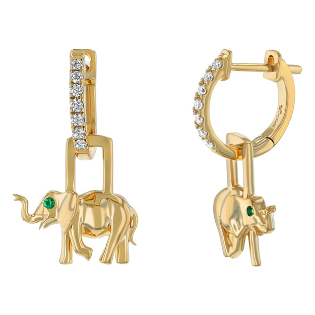 Lab Grown Diamond Huggies with Emerald Elephant Sparkle Fashion Statement VS Clarity sparkling diamonds 14K 18K Gold