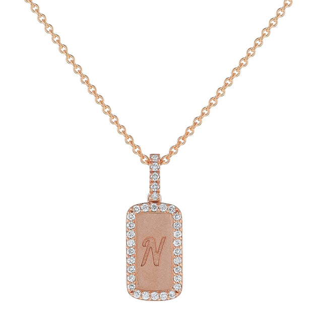 Personalized Diamond Dog Tag Necklace Pendant Medallion Sparkle Symbol Letter Layering Statement Classic Rose Gold VS quality diamond 14K 18K gold