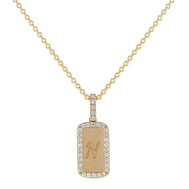 Personalized Diamond Dog Tag Necklace Pendant Medallion Sparkle Symbol Letter Layering Statement Classic Yellow Gold VS quality diamond 14K 18K gold