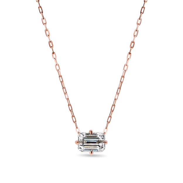 Emerald Cut Diamond Solitaire Pendant Elegant Dainty Necklace Sparkle 4-Prongs Rose Gold