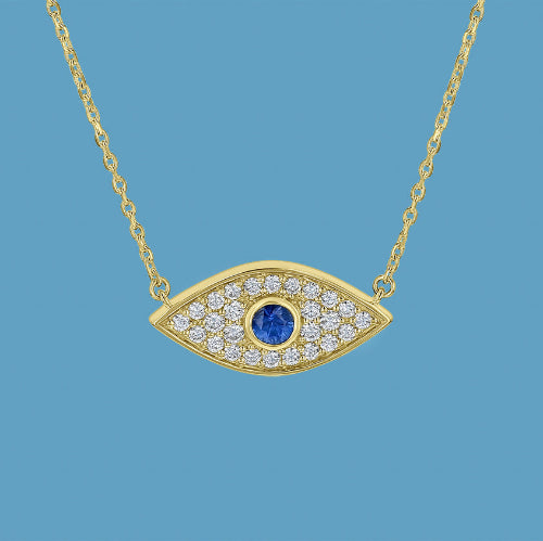 Evil Eye Diamond Necklace Protection Symbol Sapphire VS quality diamond 14K 18K gold